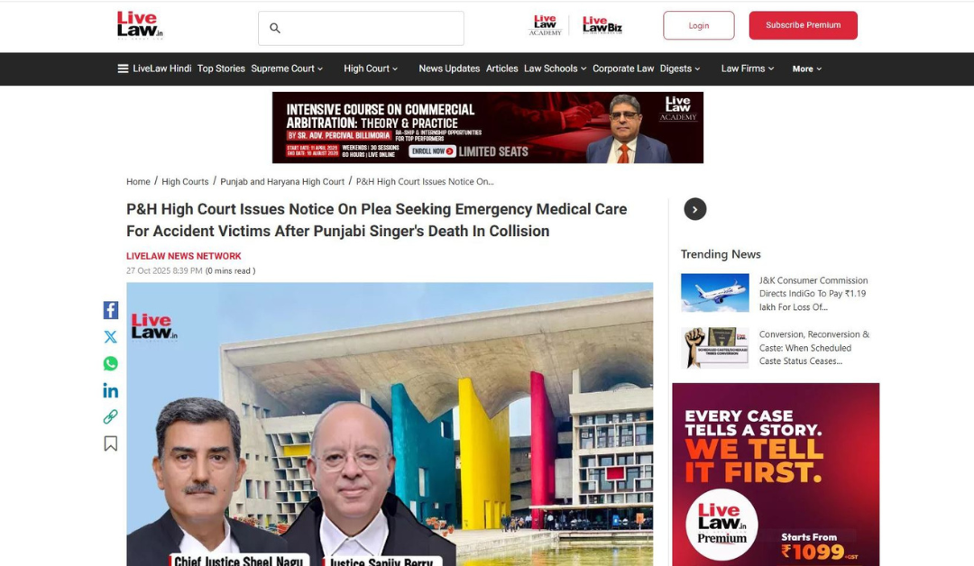 P&H High Court Issues Notice On Plea Seeking Emergency Medical Care For Accident Victims After Punjabi Singer’s Death In Collision