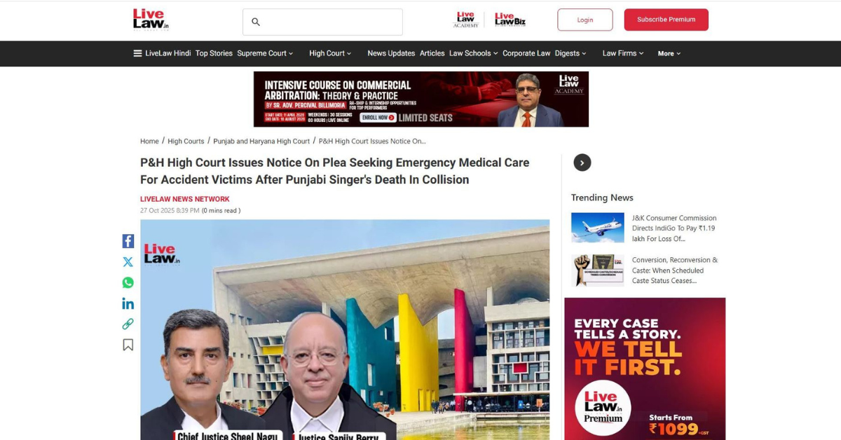 P&H High Court Issues Notice On Plea Seeking Emergency Medical Care For Accident Victims After Punjabi Singer’s Death In Collision