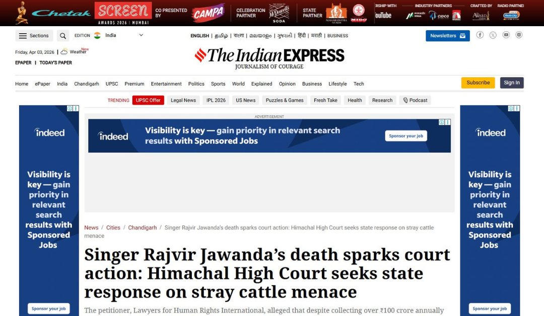 Singer Rajvir Jawanda’s death sparks court action: Himachal High Court seeks state response on stray cattle menace