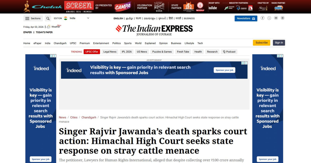 Singer Rajvir Jawanda’s death sparks court action: Himachal High Court seeks state response on stray cattle menace